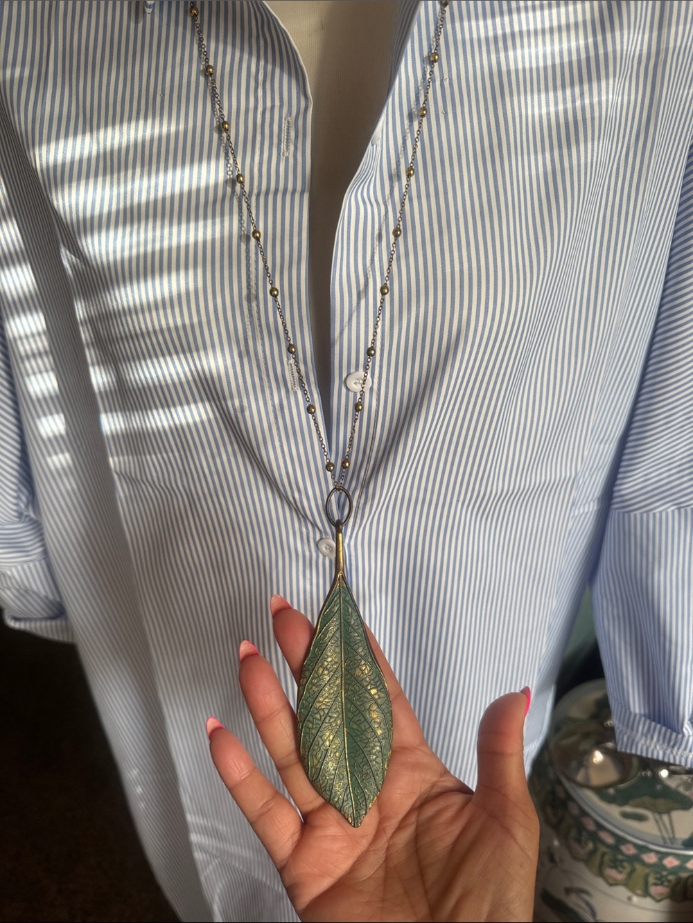 Handcrafted Green Leaf Pendant Necklace - Women Jewelry